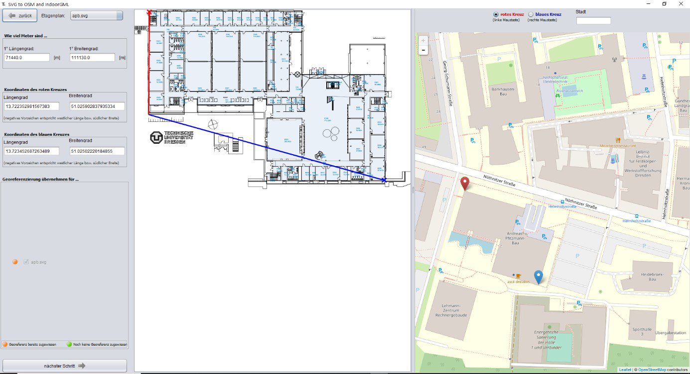 The picture shows a window application for the transformation of already existing indoor map data into a different target format, which is divided into three areas from left to right. The left area allows you to load a map file and reference this on a map by means of latitude and longitude. The loaded building map can be seen in the middle area. In the right area there is a street map in which the referenced building can be seen.