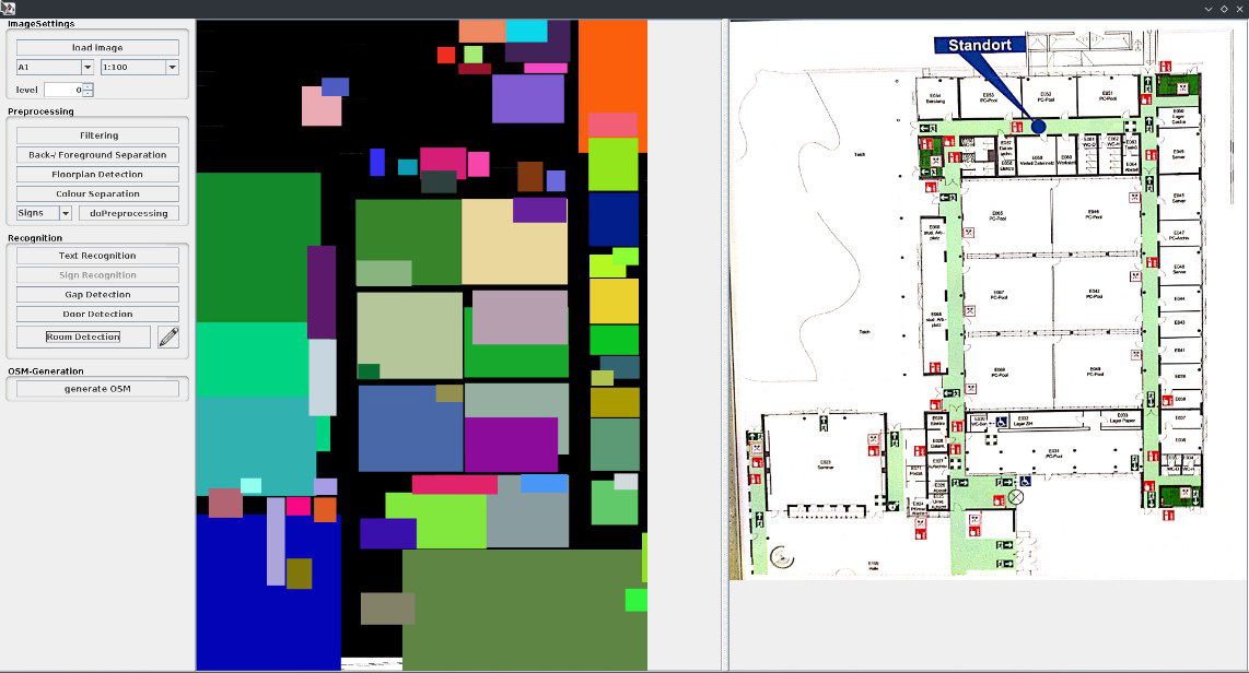 The picture shows a window application for recognizing rooms and other objects from escape plans, which is divided into three areas from left to right. The left area provides the possibility to load an image file and offers to select different work steps till the room detection. In the middle area, the recognized rooms are visualized by coloured rectangles. The view of the loaded escape plan is on the right.